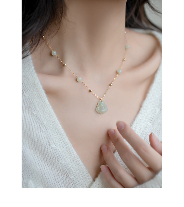 Pendentif bouddha Maitreya en jade Hetian, collier enveloppé en or 14 carats, chaîne de clavicule pour femmes