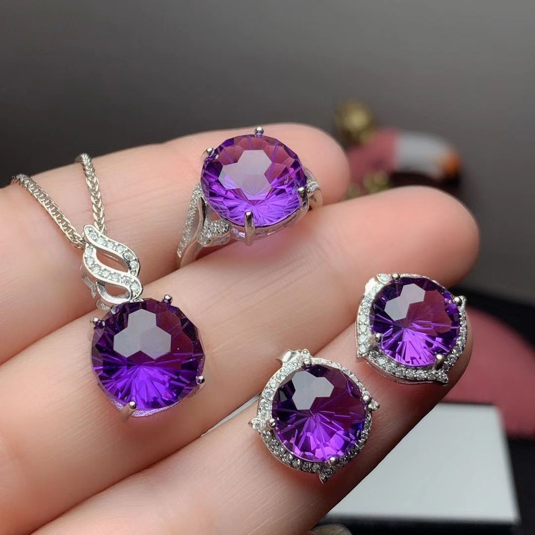 Amethyst Ring pendant earrings set with 925 silver inlay