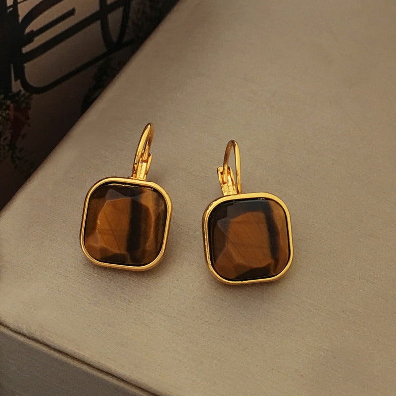 [DF]Copper plated real gold vintage Hong Kong style simple geometric square tiger's eye earrings, high-end sense of niche design earrings