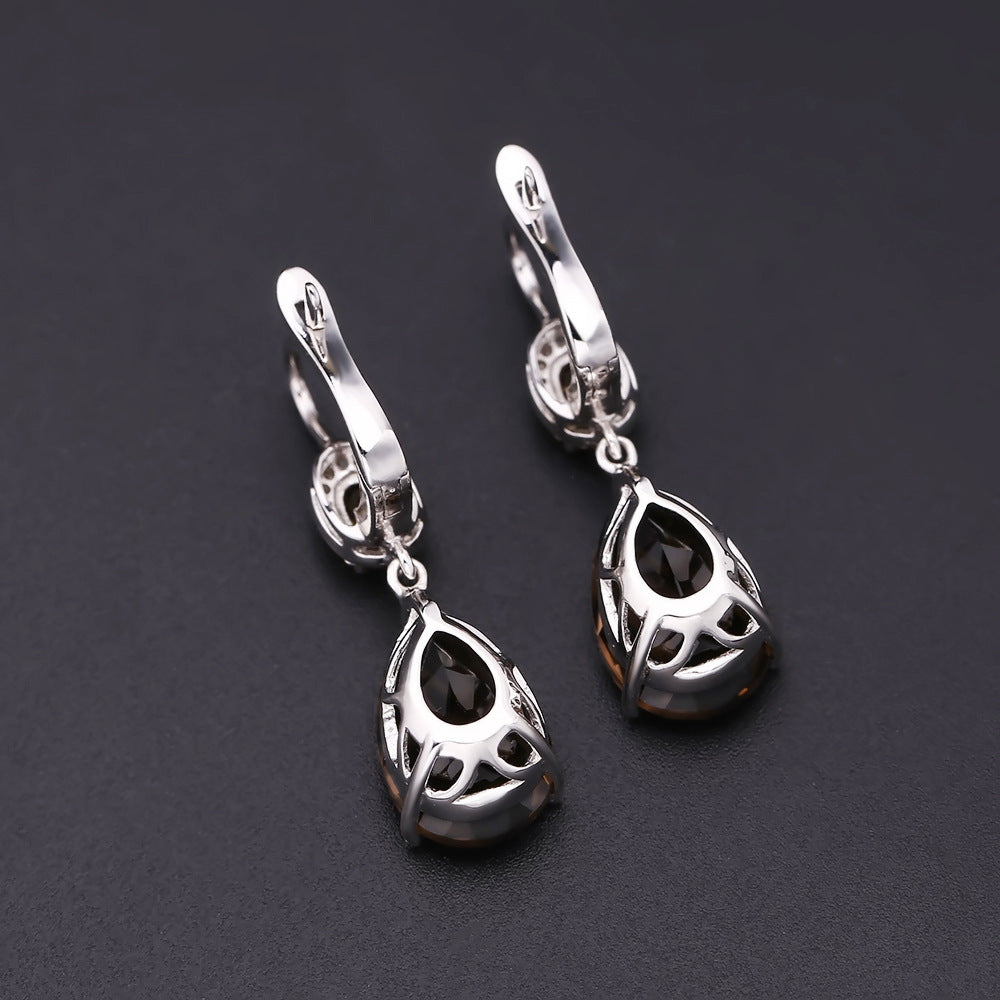 Boucles d'oreilles en forme de poire avec pierres précieuses naturelles en argent s925 incrustées de cristaux de thé naturels