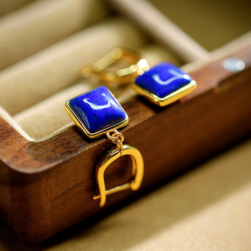 Boucles d'oreilles géométriques en bloc de lapis-lazuli incrusté d'or plaqué argent S925, boucles d'oreilles simples et polyvalentes