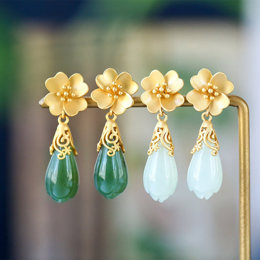 S925 silver gold-plated inlaid Hetian jade jasper drop earrings