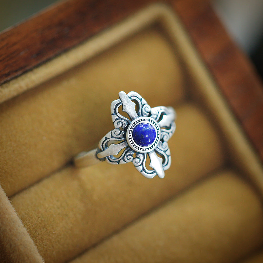 Bague lapis-lazuli en argent S925, style rétro et Vintage