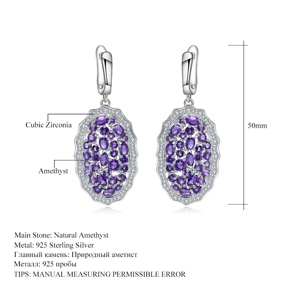 Boucles d'oreilles et boucles d'oreilles en améthyste naturelle, ensemble de boucles d'oreilles au trésor naturel coloré incrusté d'argent s925