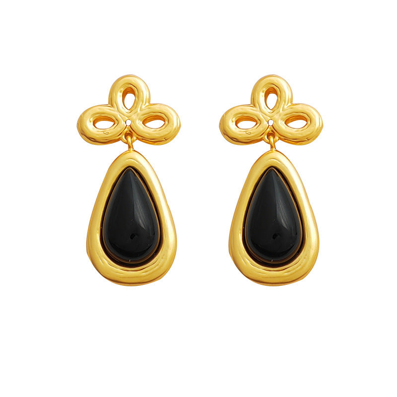 [DF] Pendientes colgantes negros estilo Hepburn francés con temperamento de aguja de plata S925, elegantes pendientes de diseño hueco de alta calidad