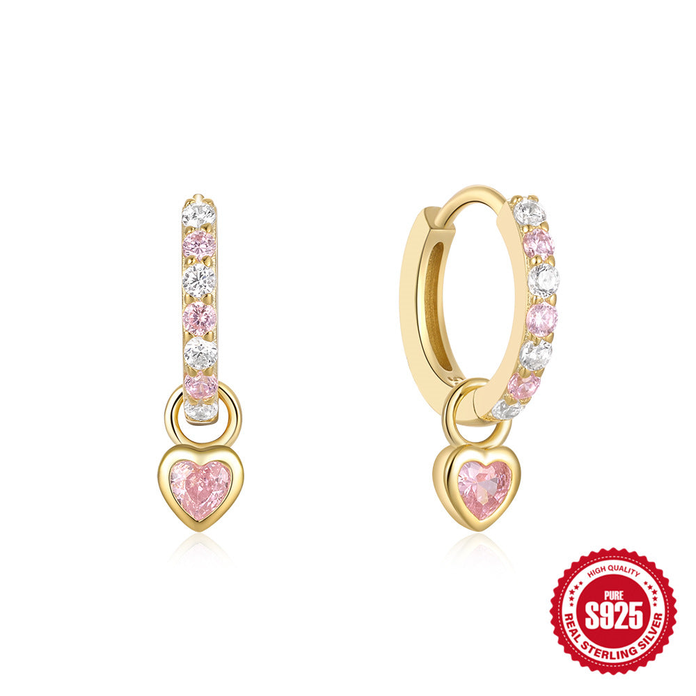 Pendientes versátiles con forma de corazón de diamantes rosas tachonados en plata de ley s925 estilo INS