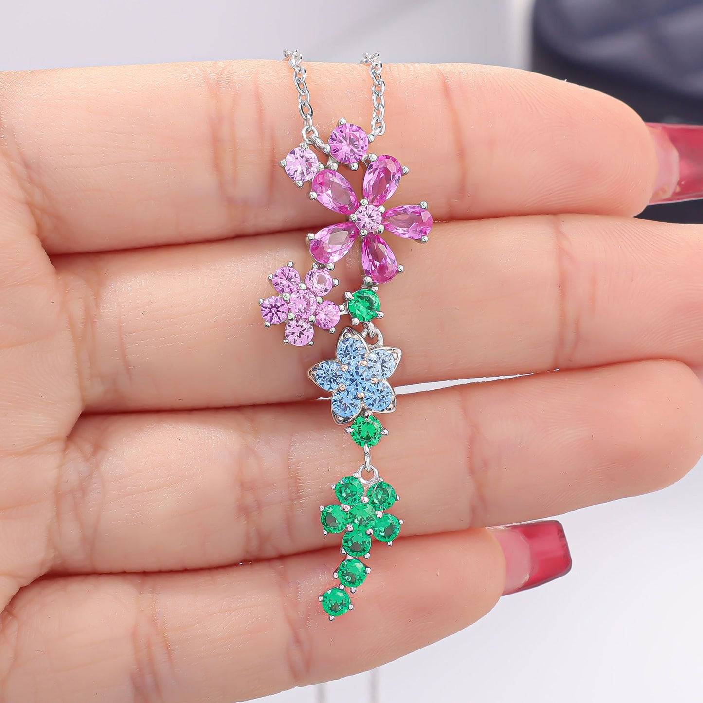 925 sterling silver colored gemstone flower necklace, niche design, high-end fashion versatile necklace