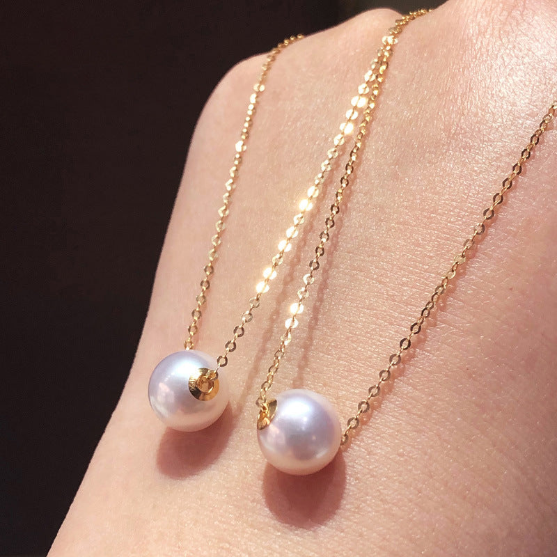 [DF]Radiant Elegance: 18k Gold Japanese Akoya Pearl Pendant Necklace - 8-9mm Round Lustrous Gems