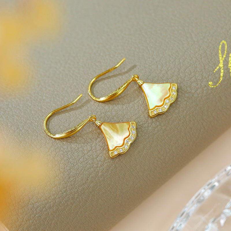 S925 Silver Plated Gold Inlaid Gold Shell Powder Bell Ear Hook Earrings Exquisite Fan Shaped