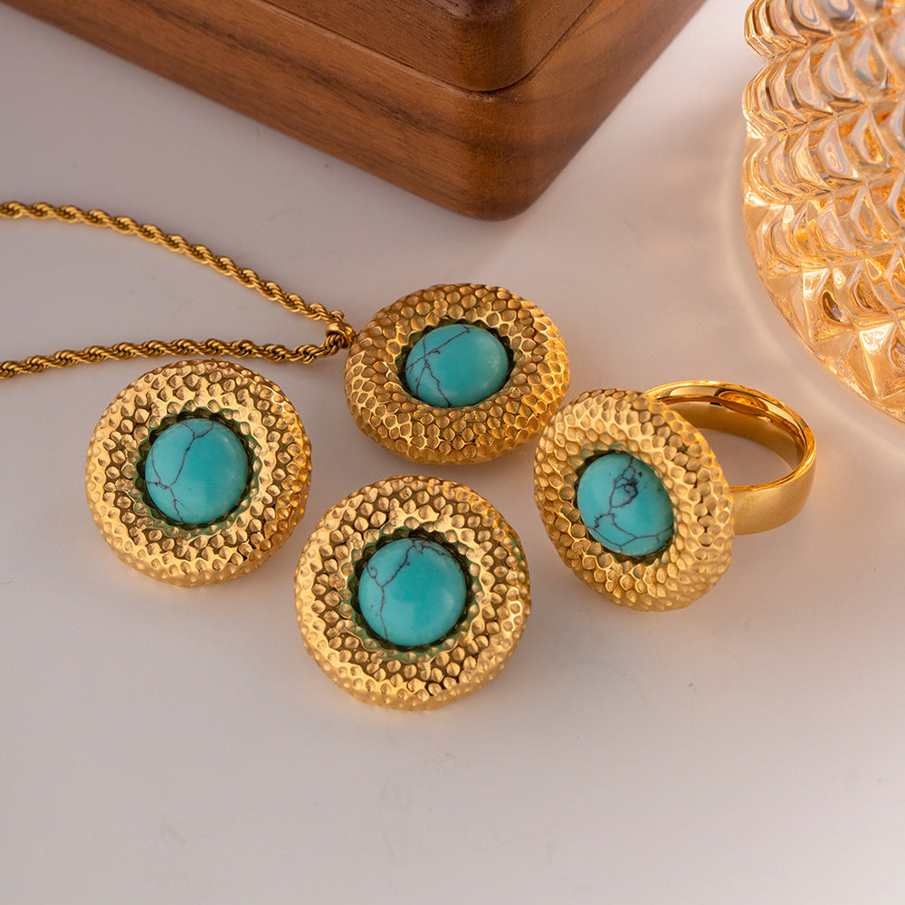 [DF] Ensemble design chic : Ensemble de bijoux turquoise vert à texture martelée - Collier, bague et boucles d'oreilles en acier titane 18 carats 