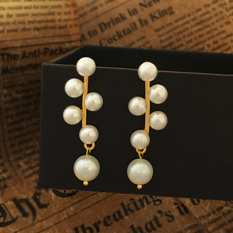 【DF】Copper plated genuine gold S925 silver needle minimalist pearl earrings with retro and fashionable style, long ear jewelry