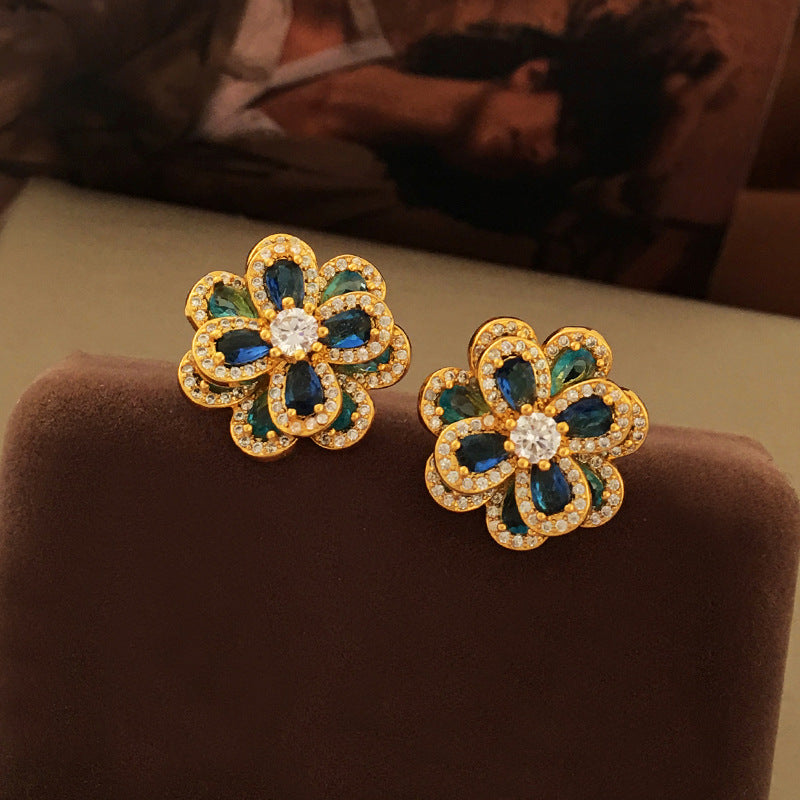 [DF]Copper plated real gold S925 silver needle French vintage court style stud earrings light luxury three-dimensional zircon flower earrings