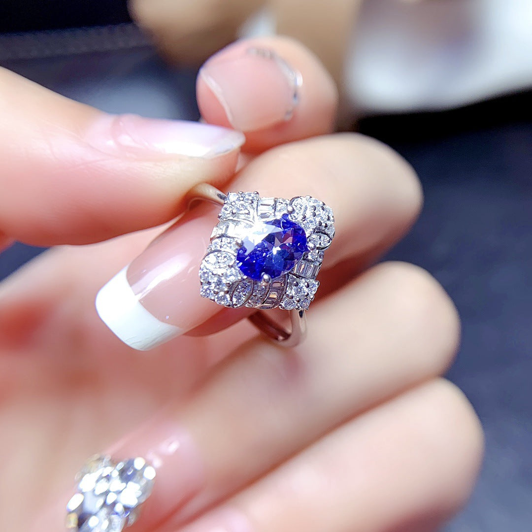 Explosive natural tanzanite ring S925 silver set center stone 5*7 hot sale in Europe and the United States