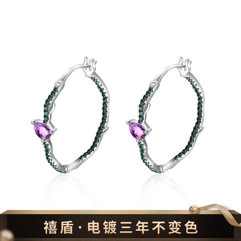 Boucles d'oreilles de créateur haut de gamme en argent sterling s925 incrustées d'améthyste naturelle aux trésors colorés