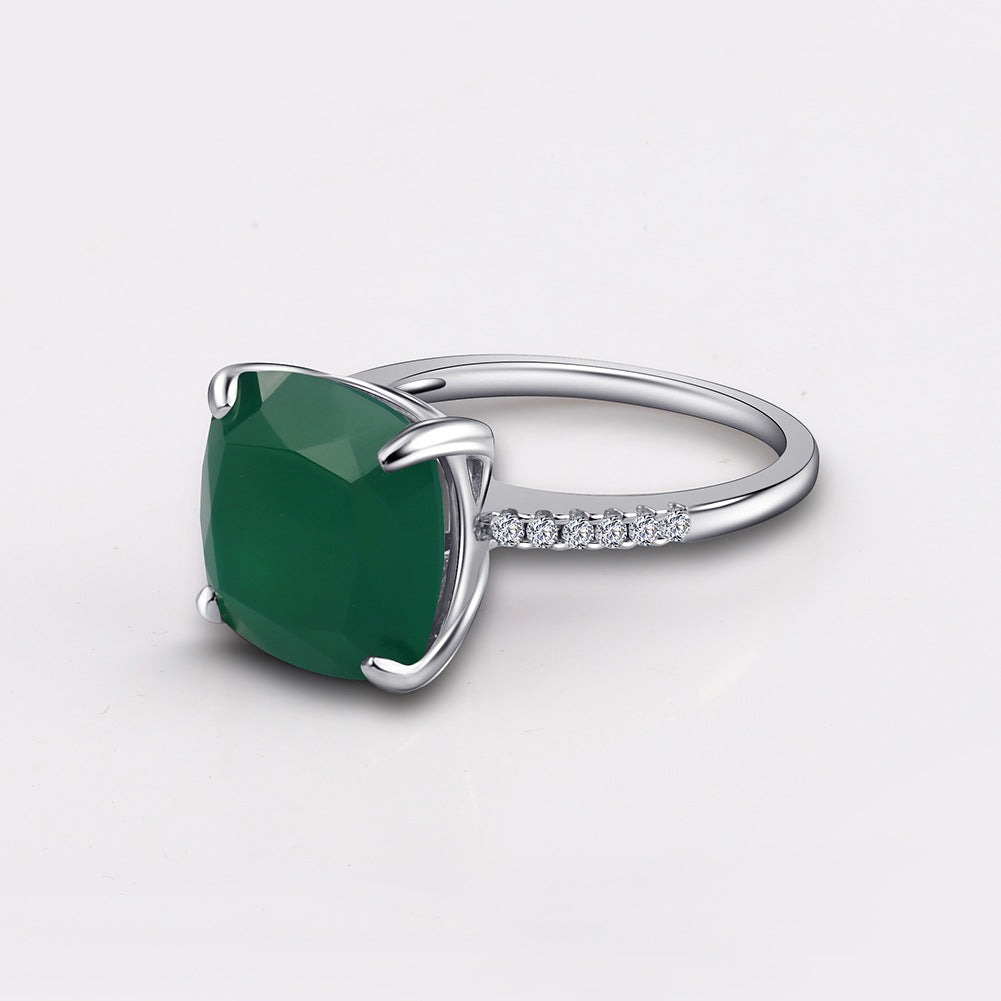 Natural green agate ring s925 sterling silver inlaid with big gem ring