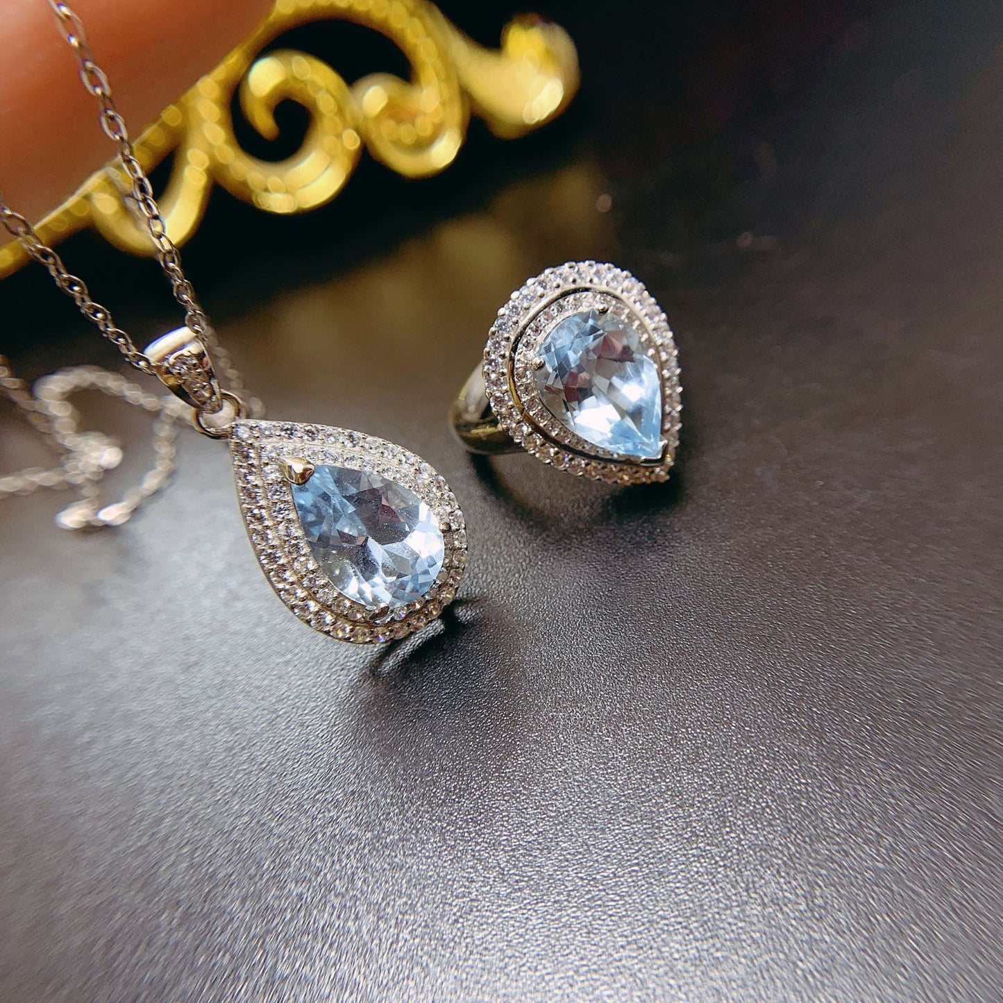 [DF]Natural Blue Topaz Ring and Pendant Set - Heart-shaped, 925 Silver, Collar Necklace