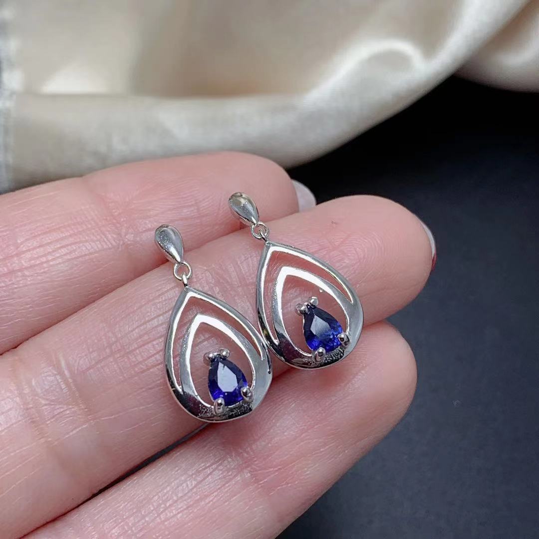 [DF]Boucles d'oreilles pendantes en saphir bleu naturel - Monture en argent S925