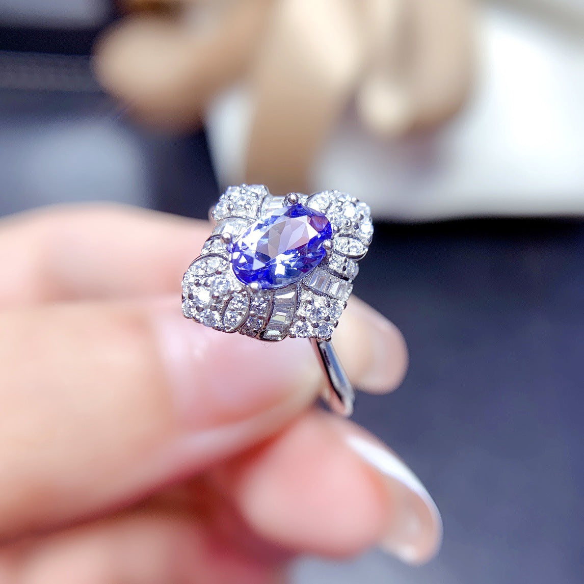 Explosive natural tanzanite ring S925 silver set center stone 5*7 hot sale in Europe and the United States