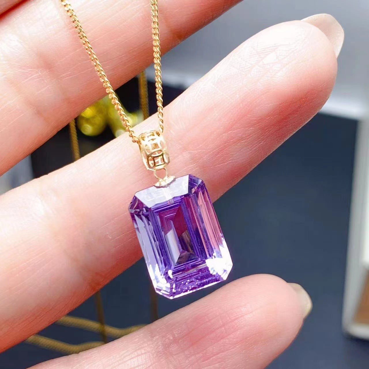 Natural Brazilian amethyst pendant 18k gold studded necklace