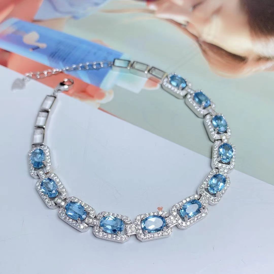 Pulsera de topacio azul natural con incrustaciones de plata 925, pulsera retro para mujer