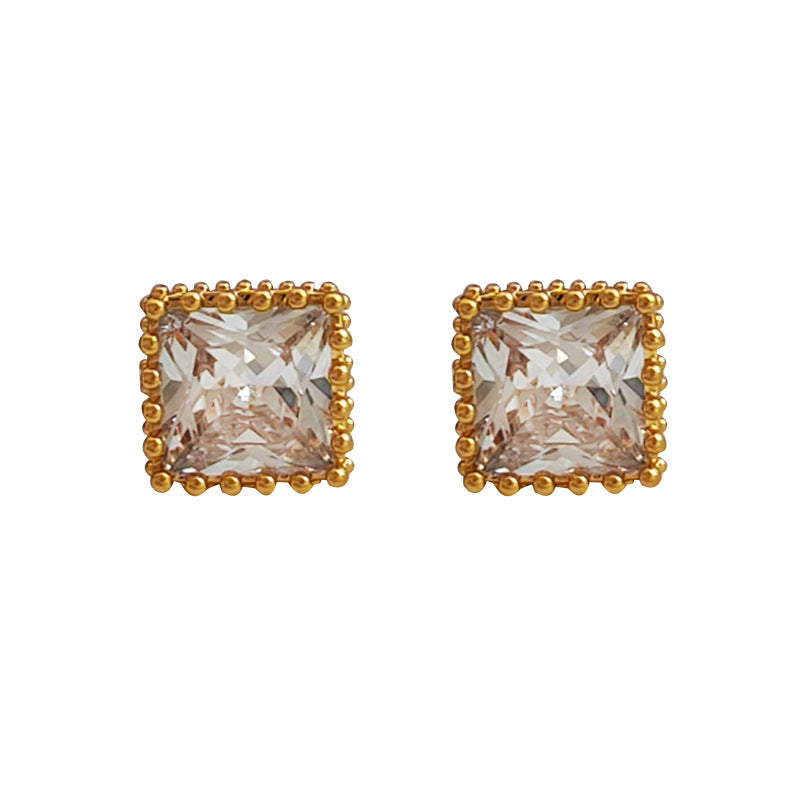 [DF]Copper plated genuine gold S925 silver needle Japanese and Korean minimalist and compact geometric square zircon earrings Light luxury fashion earrings