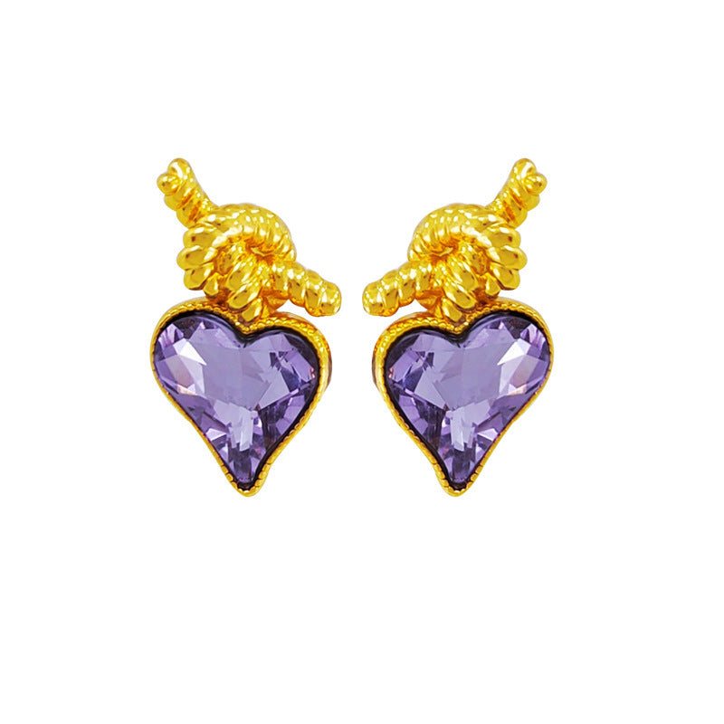 [DF]Copper plated gold S925 silver needle fairy purple zircon love earrings personalized knot design new earrings