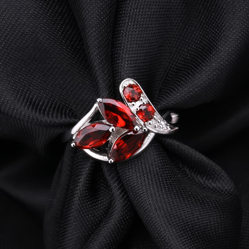 Design sense natural gem ring female s925 silver inlaid natural garnet ring