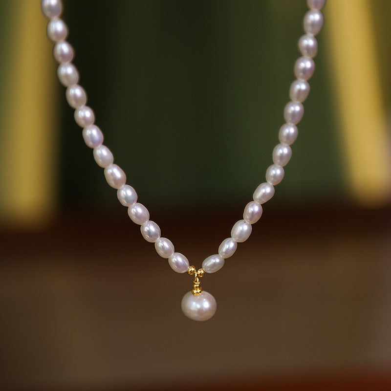 [DF]Elegant Rice Pearl Necklace with Single Pearl Pendant – 4-5mm Freshwater Pearls