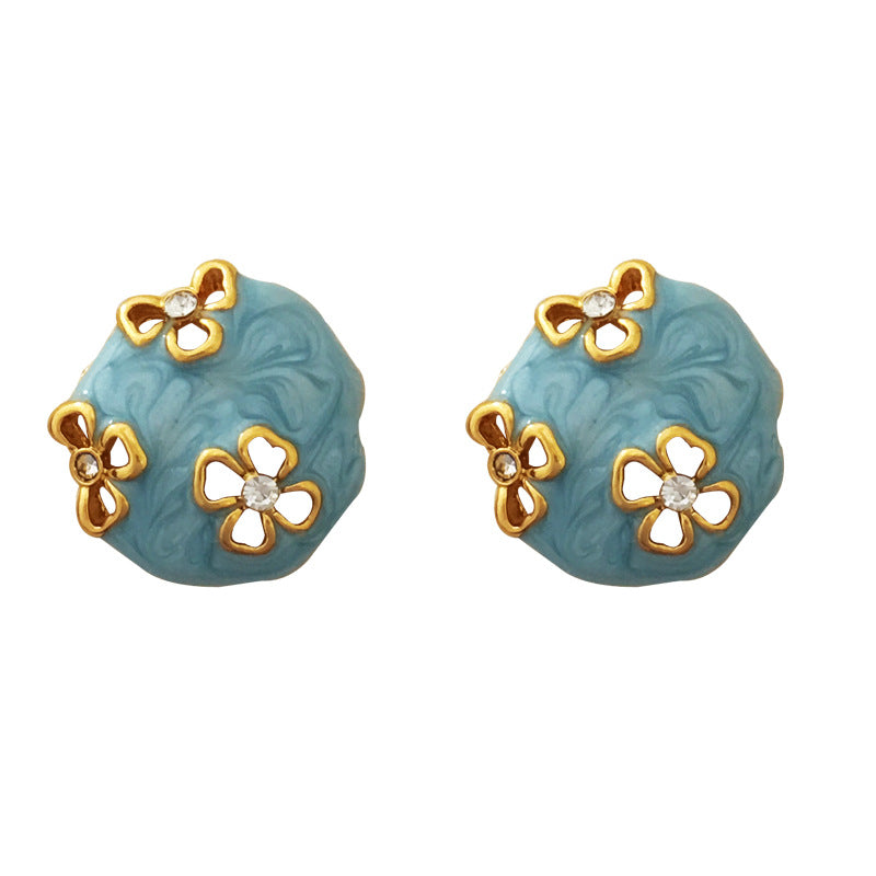 [DF] Cuivre plaqué or véritable S925 aiguille en argent style coréen bleu évidé boucles d'oreilles géométriques petites boucles d'oreilles d'été fraîches pour les femmes