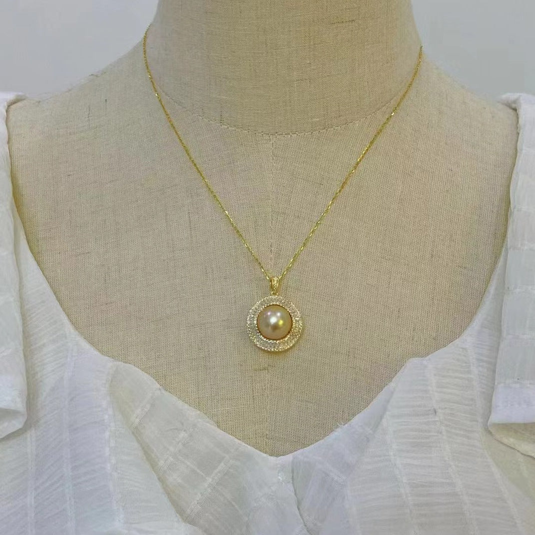 High quality Nanyang Gold Pearl Pendant S925 Silver delicate 11-12mm round gold Sea Pearl pendant