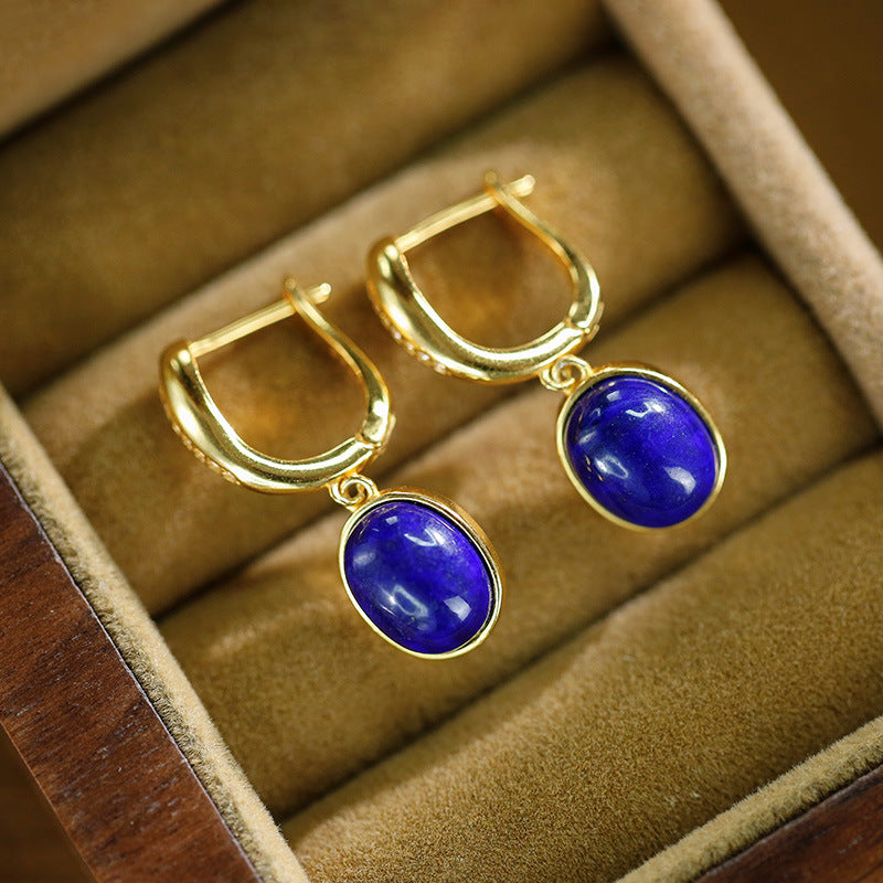 S925 silver plated gold inlaid lapis lazuli egg faced earrings