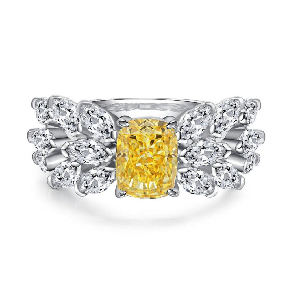 S925 Pure Silver Yellow Diamond Ring Women's Ice Flower 8A Zircon Ring Wedding Ring