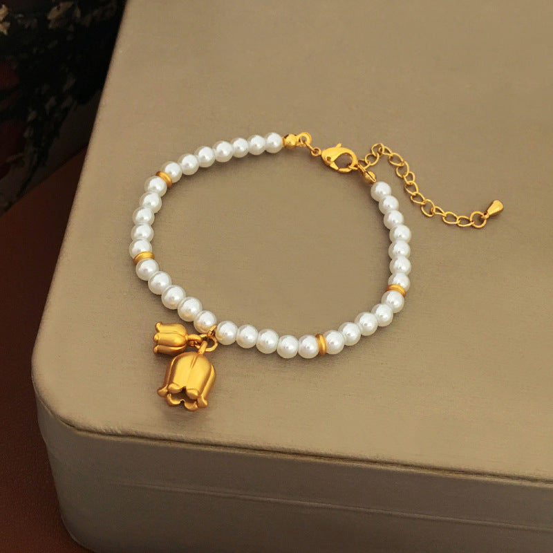 【DF】Copper Plated True Gold French Gentle Temperament Bell Orchid Pearl Bracelet Ins Style Summer New Collar Chain Female