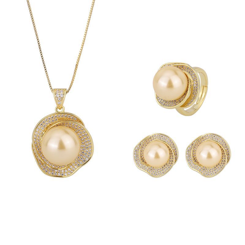 18k Golden Shell Pearl Rose Geometric Diamond Ring Pendant Earrings Women's Set