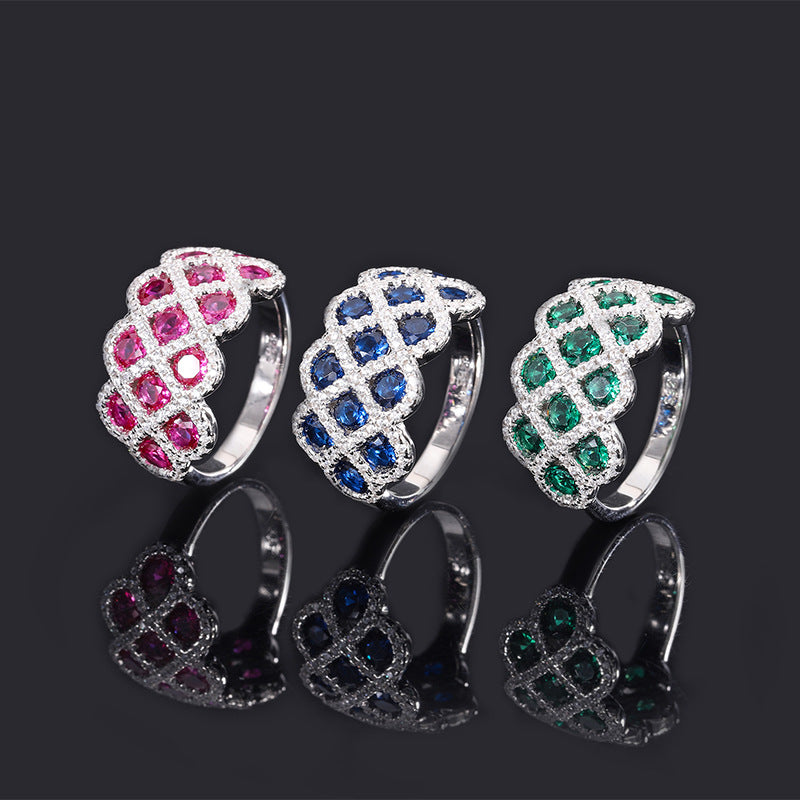 S925 Full body Silver Simulated Colorful Treasure Handmade Diamond Set Ring Closed Ring