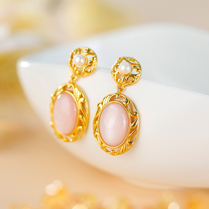 S925 Silver Set Pink Bell Earrings Vintage Earrings Pink Egg Face Earrings