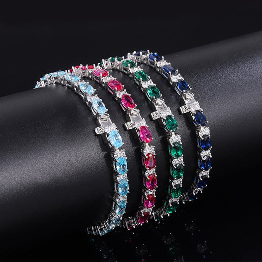 S925 Full body Silver Simulation Colorful Treasure Dan Shaped Precision Craft Luxury Inlaid Women's Bracelet Main Stone 4 * 6