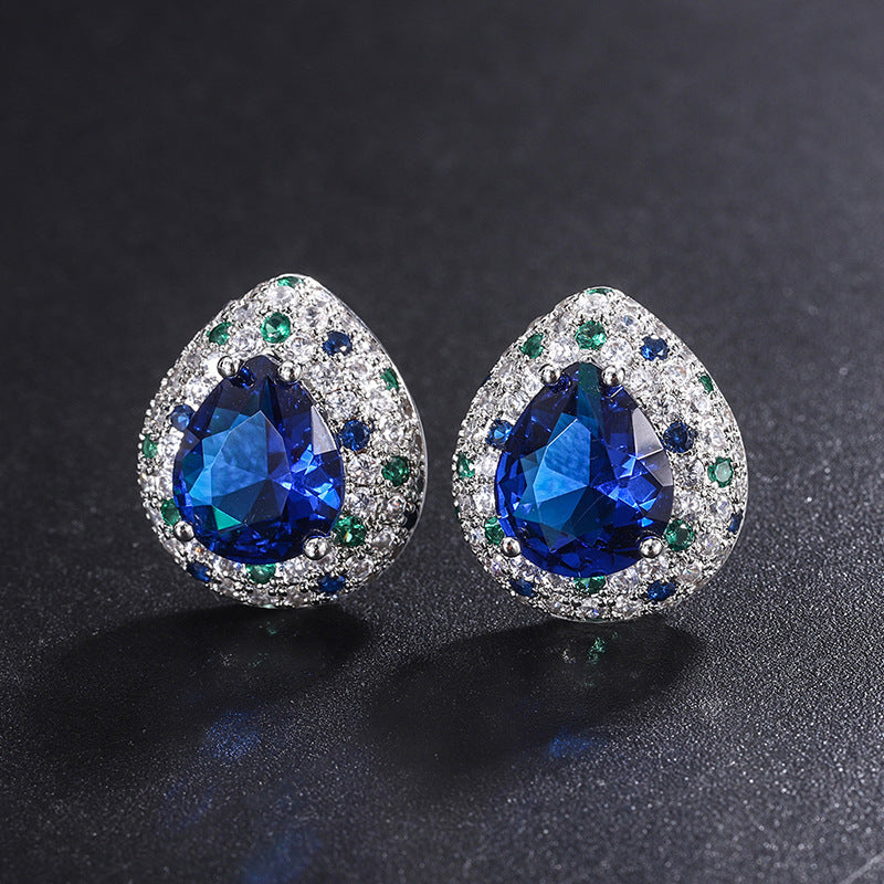 Imitation Tanzania Sapphire Drop Shape Color-Blocked Ring Stud Earrings Pendant Set 10*12