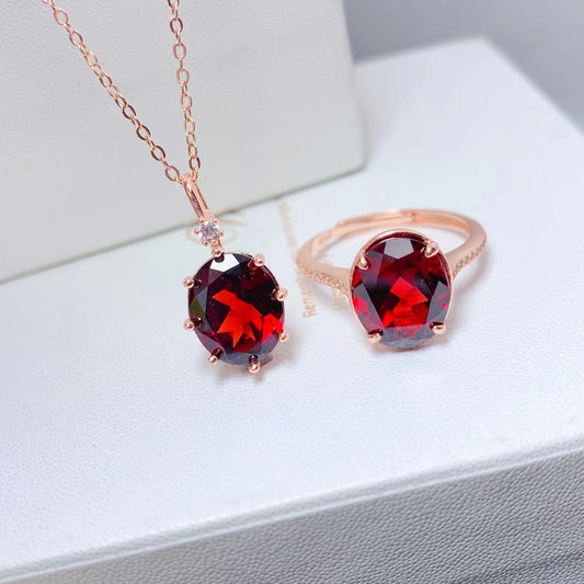 Natural garnet set jewelry 925 silver set ring pendant