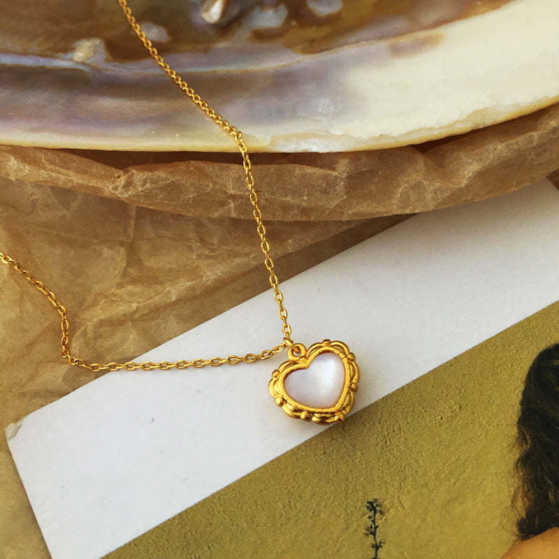 [DF]Copper plated real gold Korean sweet love necklace temperament vintage shell necklace ins wind net red sweater chain