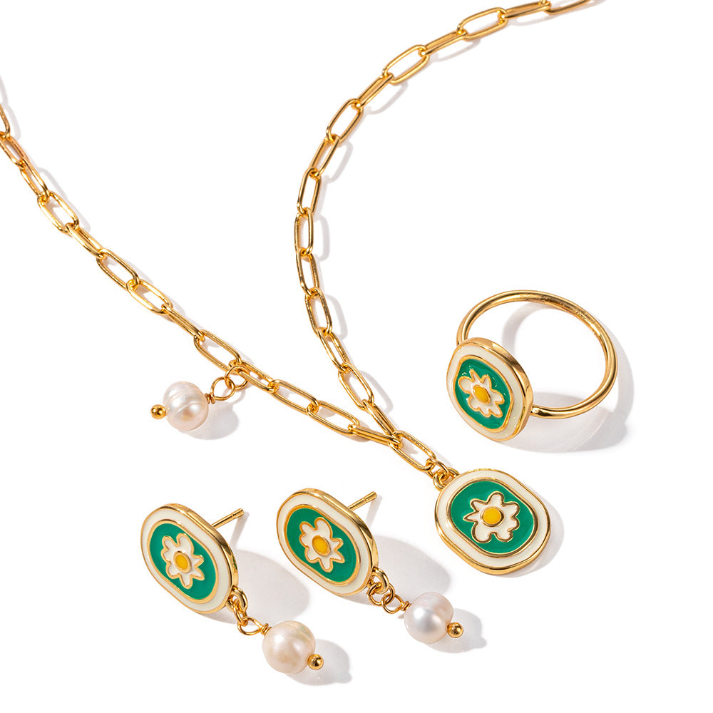 [DF]Vintage Enamel Daisy and Pearl Jewelry Set - Copper with 18K Gold Plating