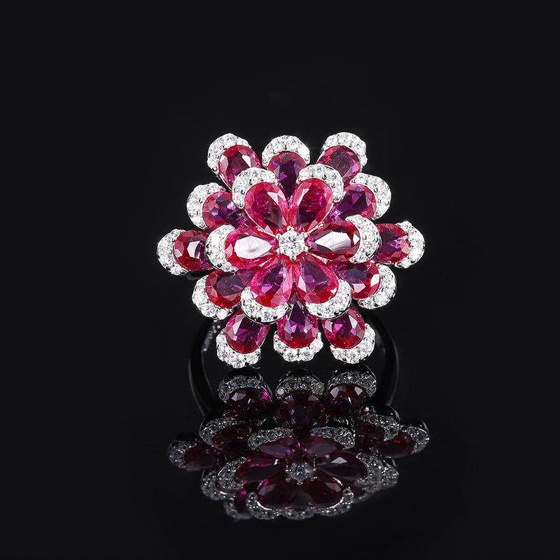 S925 Full body Silver Simulated Red Corundum Flower Set Jewelry