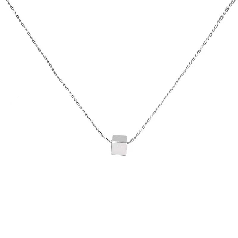 [DF]Full-bodied pure silver bright silver box necklace female minority design simple and versatile clavicle chain