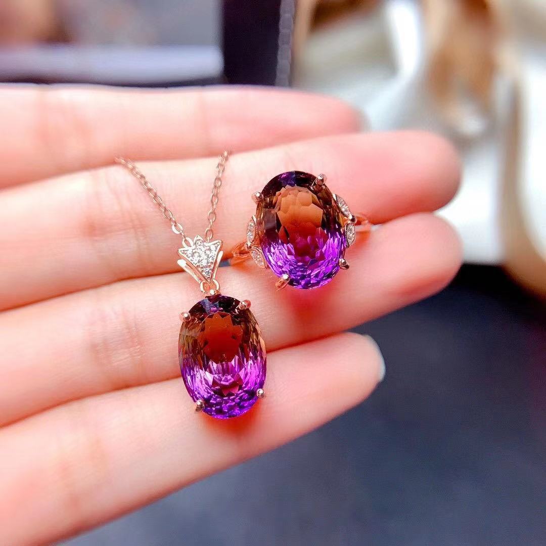 Delicate Ametrine Ring Pendant Set 925 Silver Set Ring Necklace