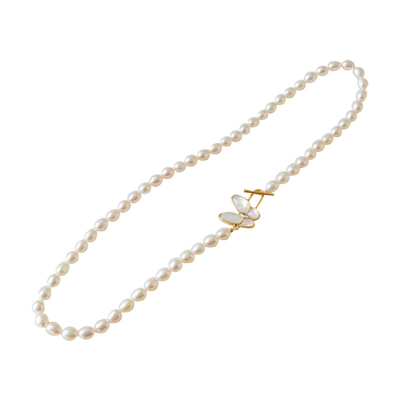 "Butterfly Clasp" 4-5mm Rice Grain Freshwater Pearl Necklace - Vintage and Elegant Sweater Chain, Exuding Sophisticated Charm, Ideal Gift for Women.