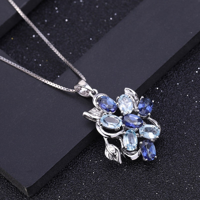 Topaz pendant with natural colored gemstones inlaid with s925 silver necklace pendant