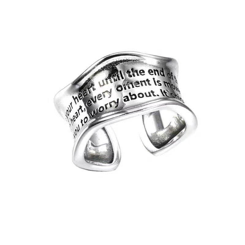 [DF]Korean Style S925 Pure Silver Vintage Heavy Letter Wave Pattern Ring - Open Finger Ring with Chic Aesthetic, Statement Index Ring with Harbor Wind