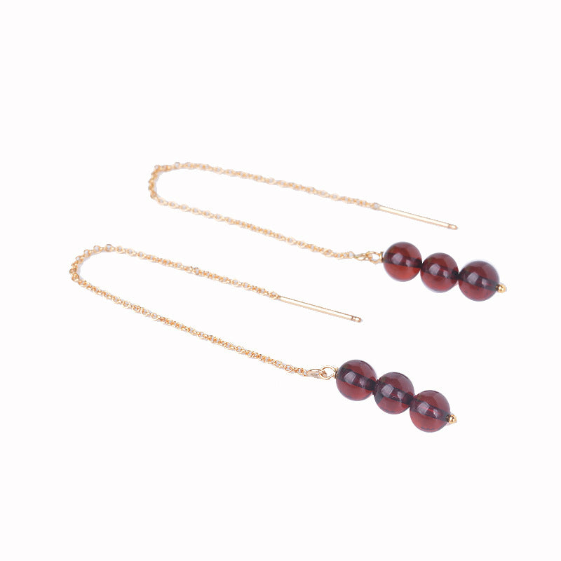 S925 sterling silver ear thread women's natural blood amber beeswax temperament long earrings