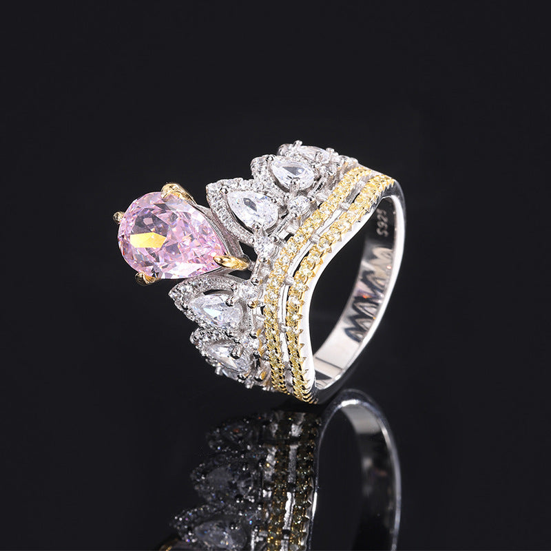 Anillo de lujo con corona de diamantes de alto carbono y plata de cuerpo completo S925 para mujer, piedra de plomo 7 * 10