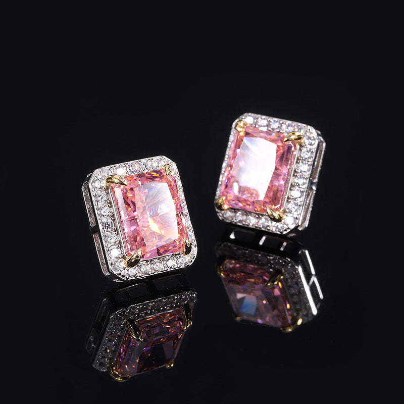 S925 Silver Imitation Colored Gemstone High Carbon Diamond Padparadscha Square Set 14*14